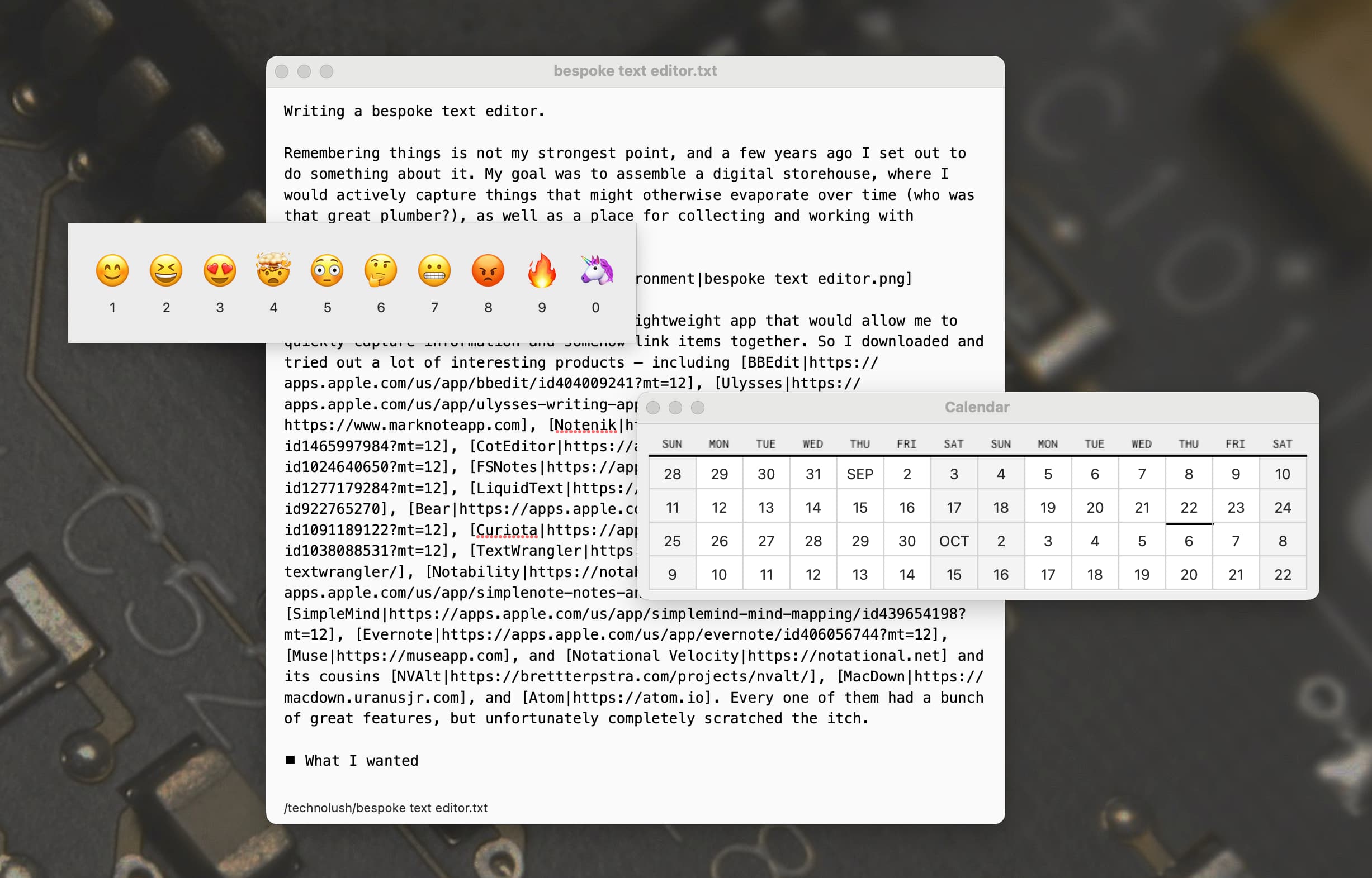 The original text used to generate this webpage, overlaid with a calendar window and an Emoji picker window