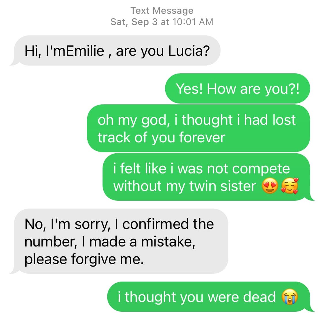 Screenshot. Them: Hi, I'm Emilie, are you Lucia? / Me: Yes! How are you?! oh my god, i thought i had lost track of you forever. i felt like i was not compete without my twin sister. / Them: No, I'm sorry, I confirmed the number, I made a mistake, please forgive me. / Me: i thought you were dead 